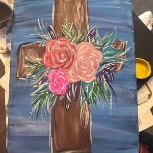 Hand-Painted Floral Cross Clipboard- Pink and Blue